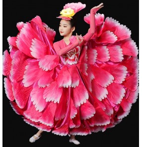 Flamenco dance dresses red fuchsia petals spanish bull flamenco dancing skirts for children paso double opening dance ballroom dance dresses